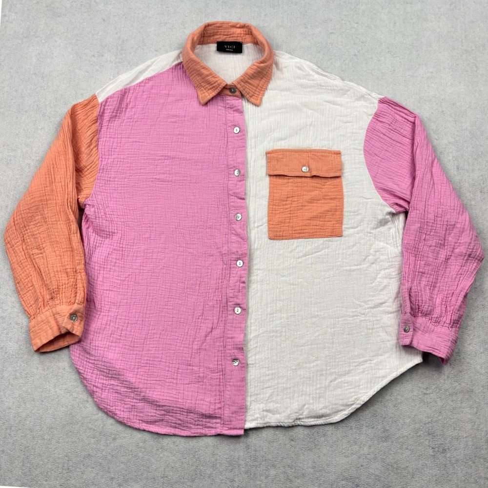 VICI Dolls Womens Small Colorblock Gauze Button Down Shirt Pink Orange T17544VC